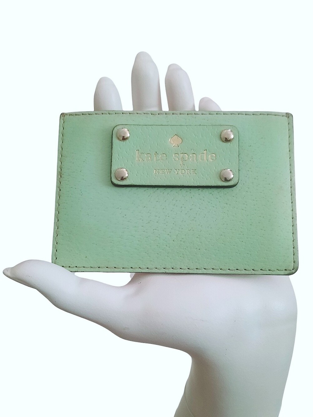 KATE SPADE Wellesley Graham Leather Card Holder w/Gold Logo Plate Mint/Peach